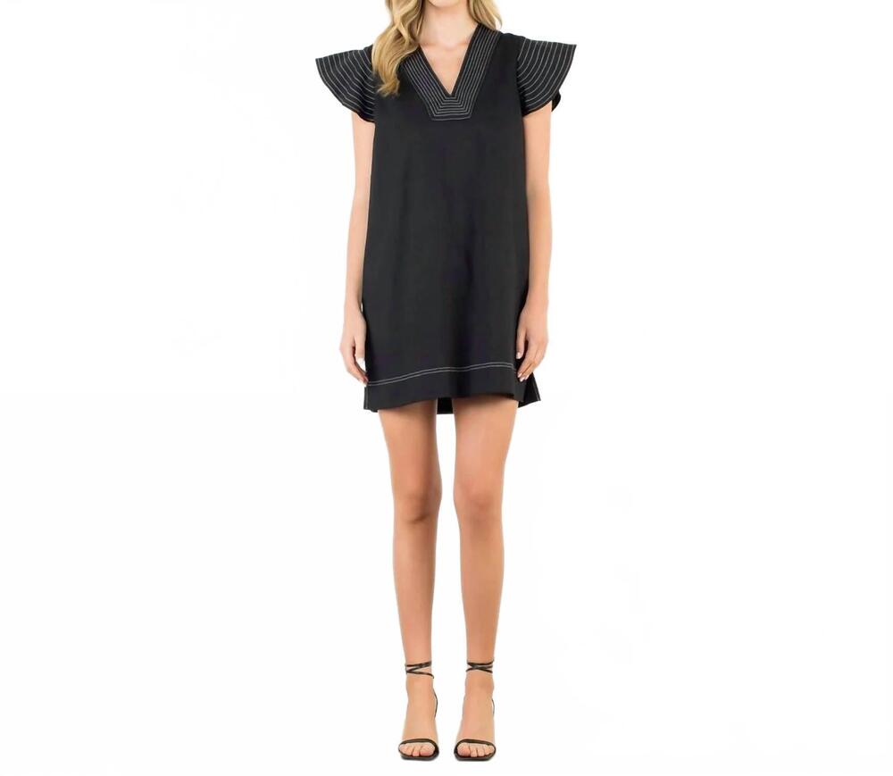 NEW THML striped flutter sleeve v-neck dress in black